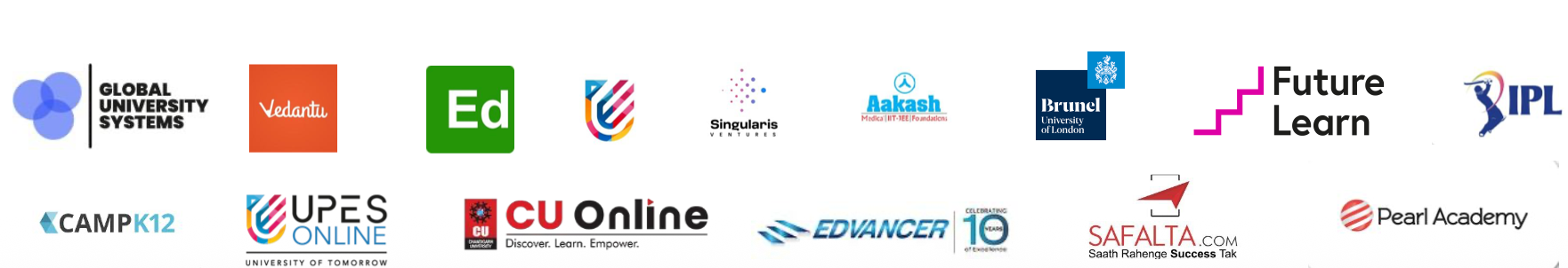 Institutions and platforms that have worked with The Funnel Story — Global University Systems, Vedantu, Aakash, Brunel University London, FutureLearn, UPES Online, CU Online, Pearl Academy, CAMP K12, Edvancer, Safalta and more